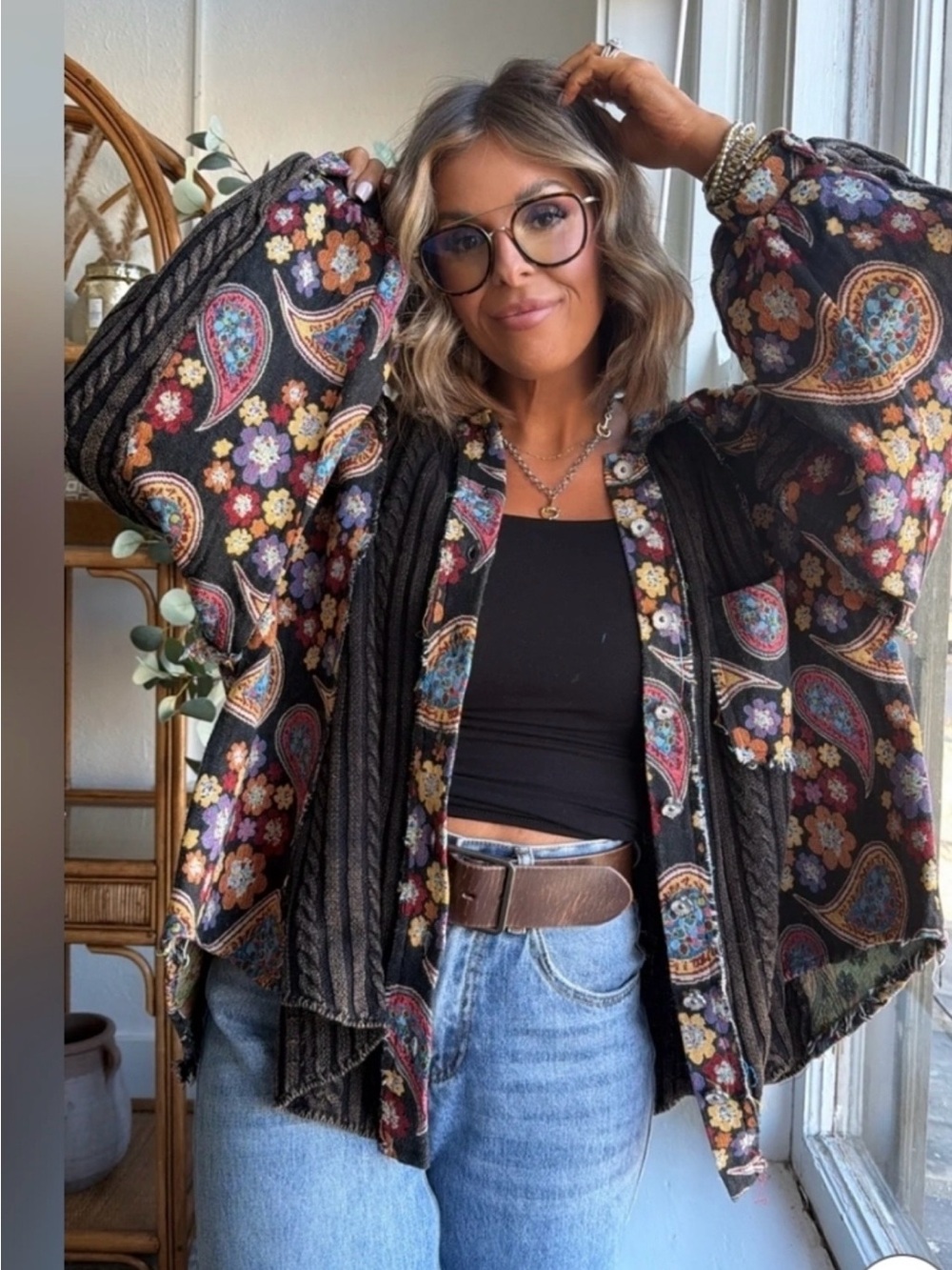 POL Black Floral Paisley Long Sleeve Tee
